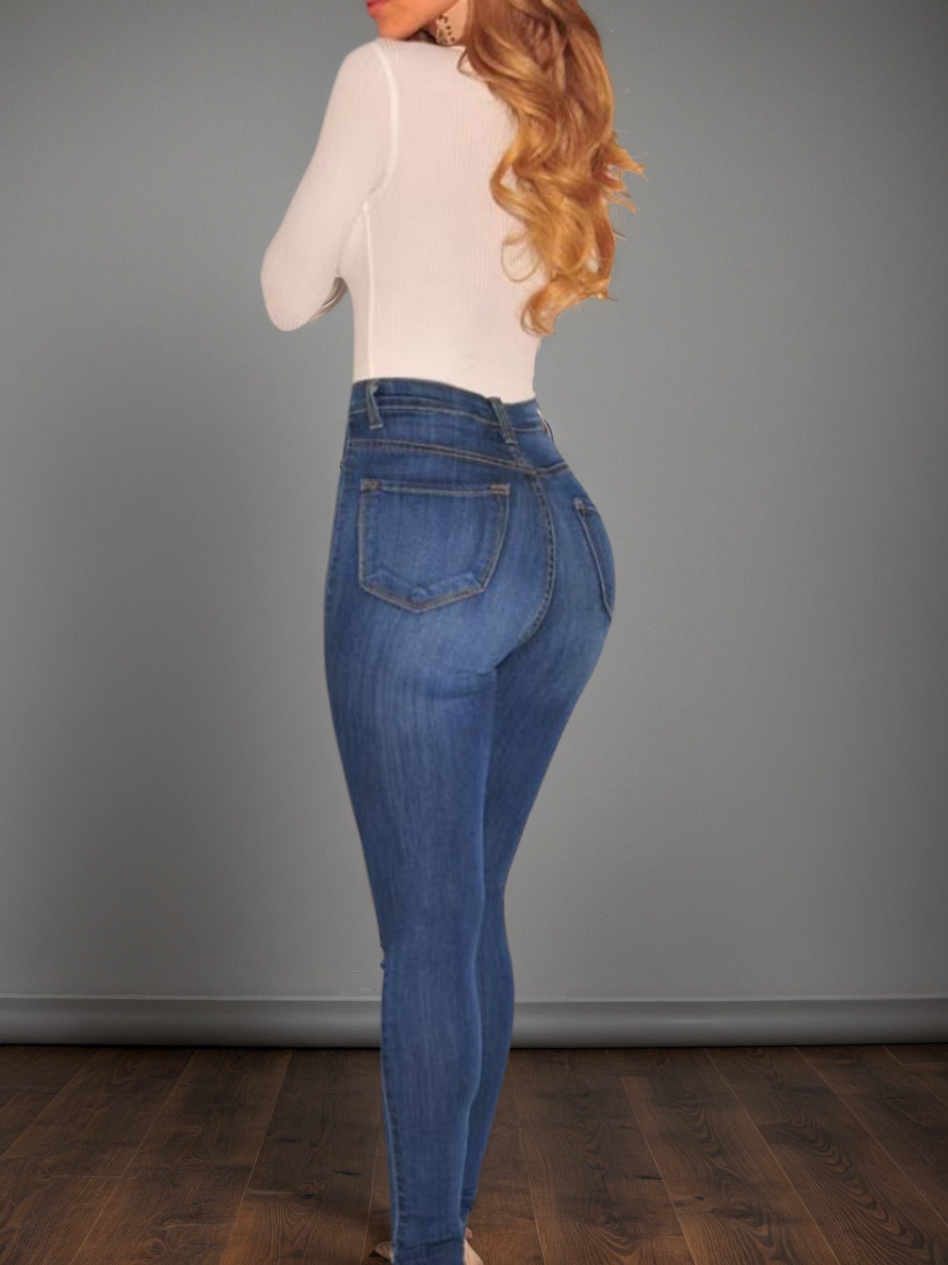 High Waisted Buckle Jeans - Mid Blue Fashion Style - Fashions Envy