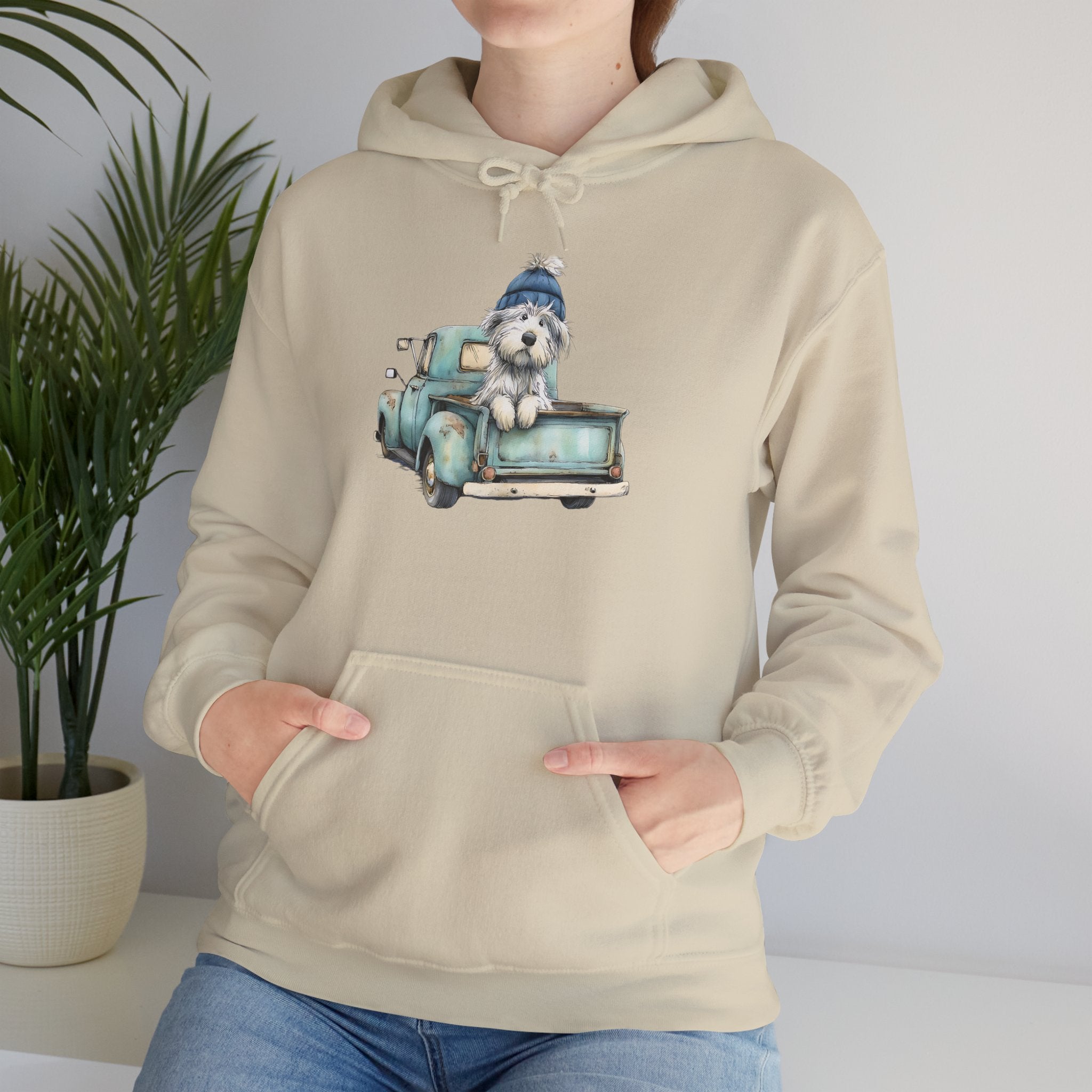 Vintage Truck Pup Hoodie - Cozy Winter Dog Lover Sweatshirt