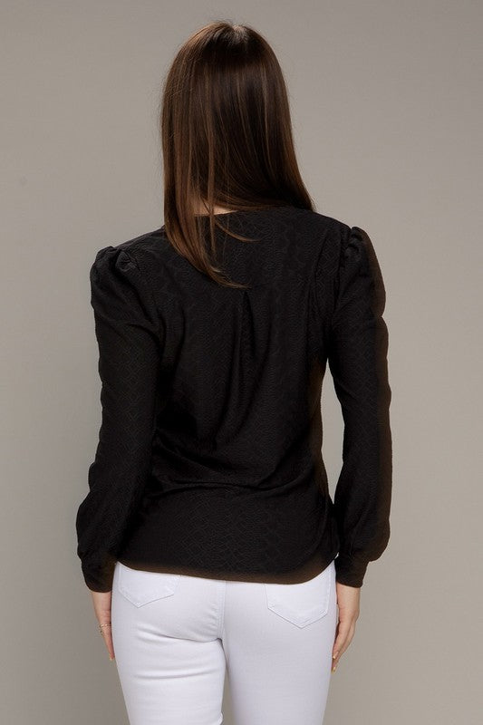 Black Long Sleeve Notched Neck Jacquard Top