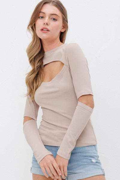Ribbed Fitted Long Sleeve Top With Chest & Elbow Cutouts