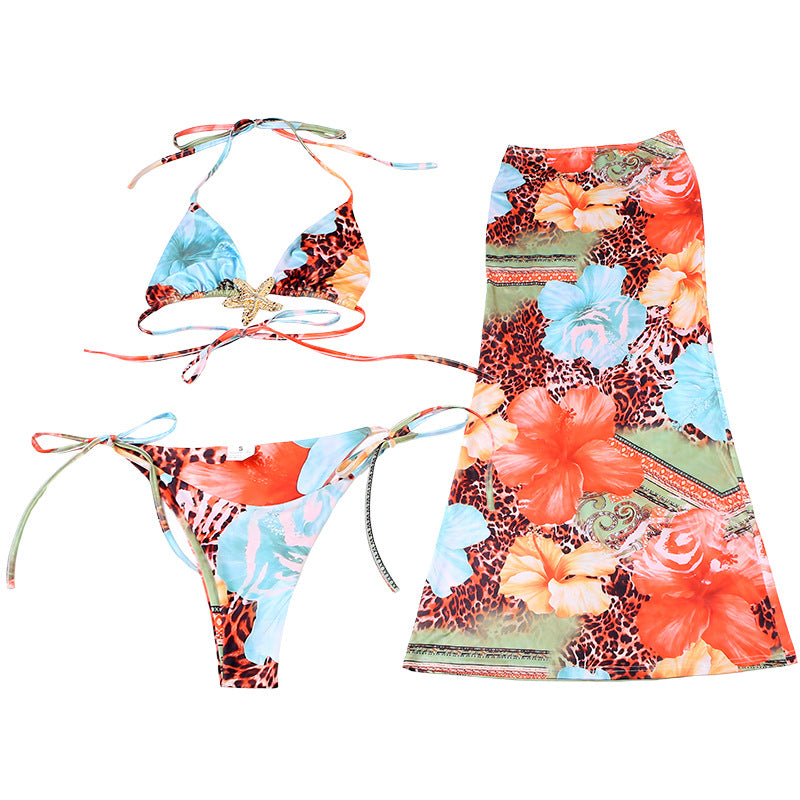 Three Piece Bikini Set - Tie Print Cover Up Beach - Fashions Envy