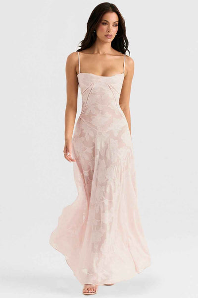 Floral Backless Maxi Dress - Square Neck High Waist Chiffon