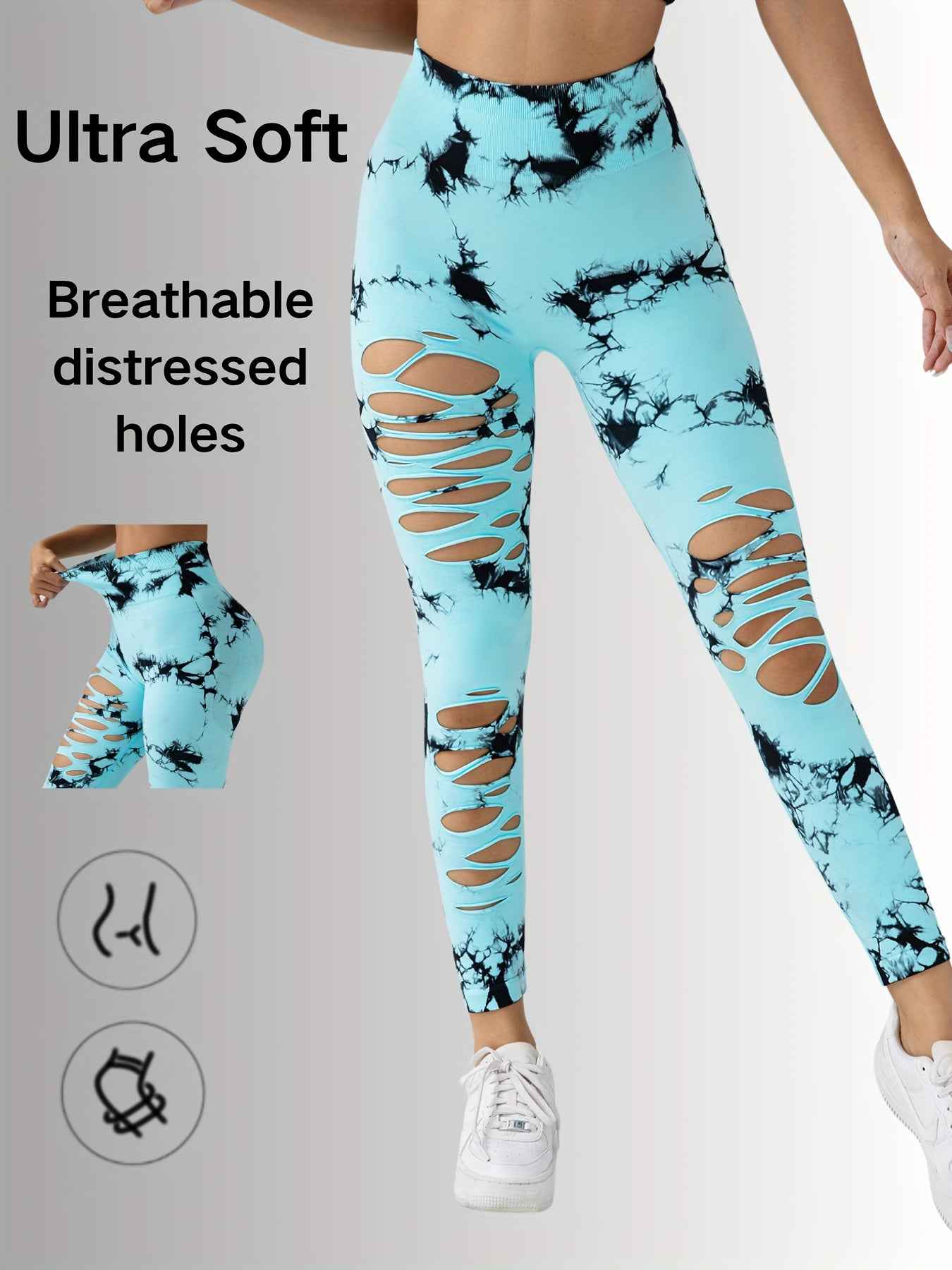 High-Waisted Yoga Leggings - Hollow-Out Tie-Dye Design