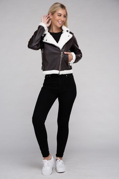 Cropped Plush Teddy Trimmed PU Leather Jacket