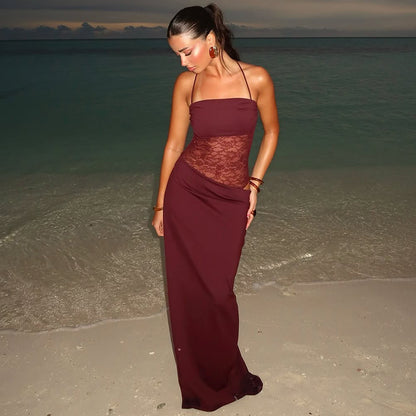 Sexy Y2K Lace Halter Party Evening Sleeveless Maxi Dress