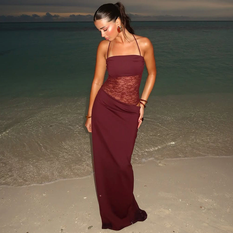 Sexy Y2K Lace Halter Party Evening Sleeveless Maxi Dress