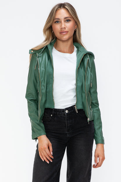 Sage Faux Leather Zip Up Drawstring Hooded Jacket