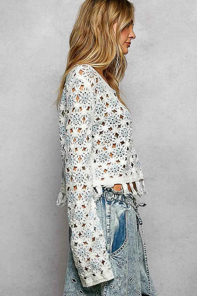 POL Openwork Floral Crochet Cardigan with Tassel Hem