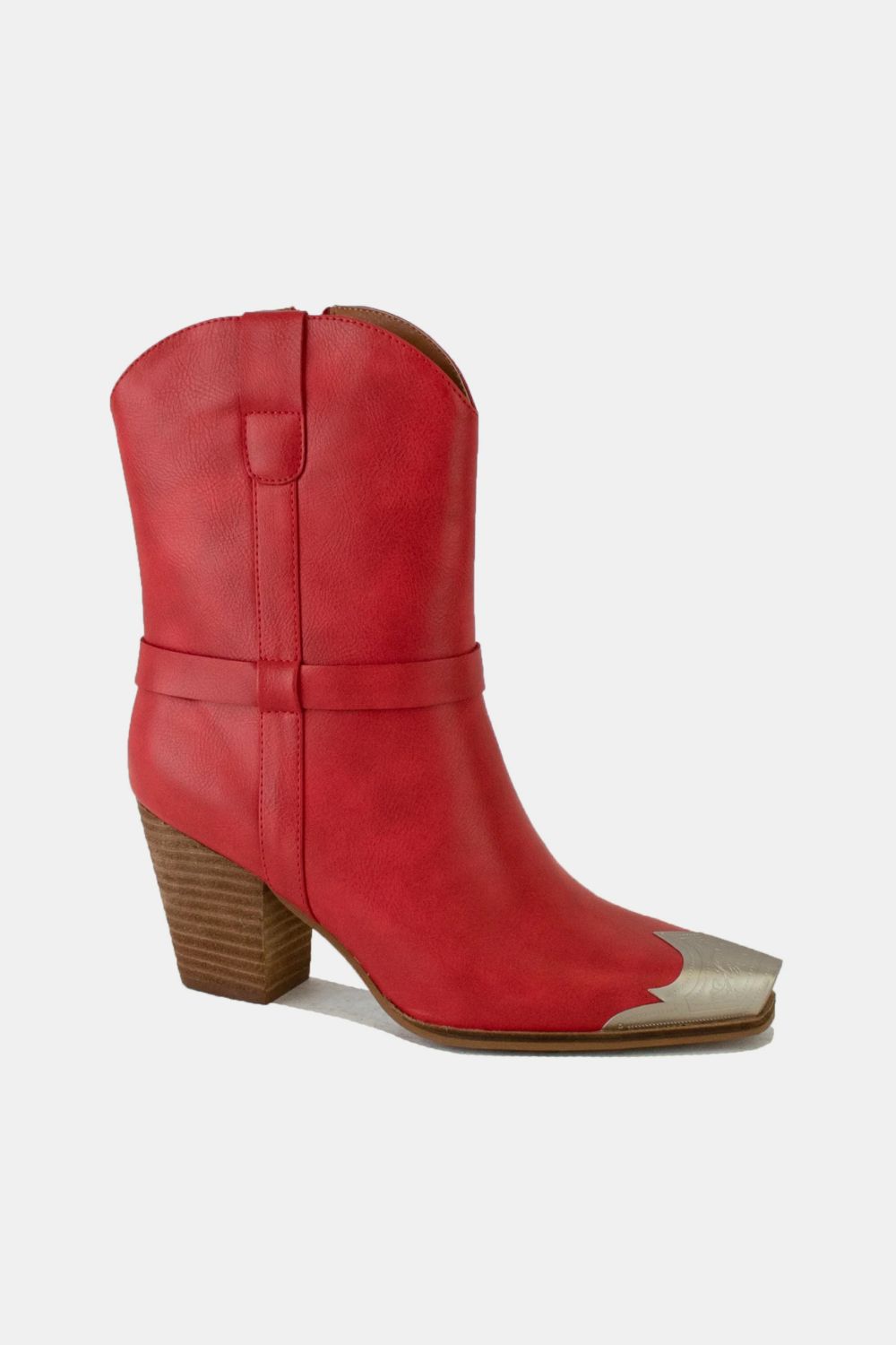 Red Faux Leather Metal Toe Ankle Boots