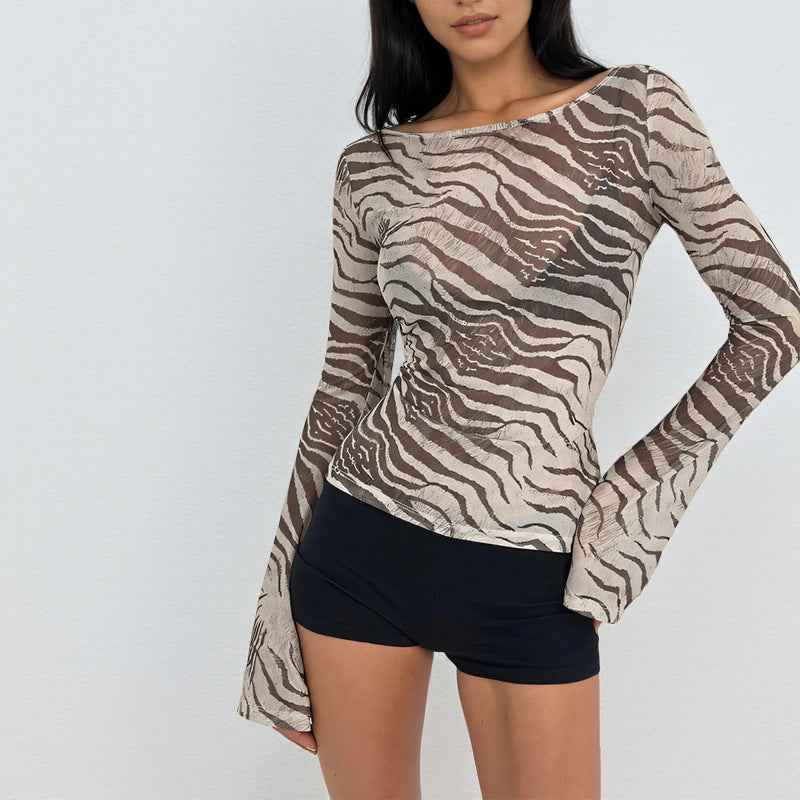 Sheer Animal Print Crop Top - Khaki Long Sleeve Mesh