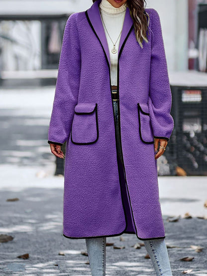 Full Size Contrast Trim Long Sleeve Coat with Pockets - Fashions Envy