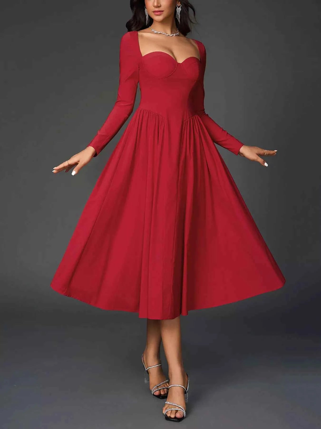 Sweetheart Neckline Long Sleeve A-Line Midi Dress