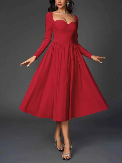 Sweetheart Neckline Long Sleeve A-Line Midi Dress