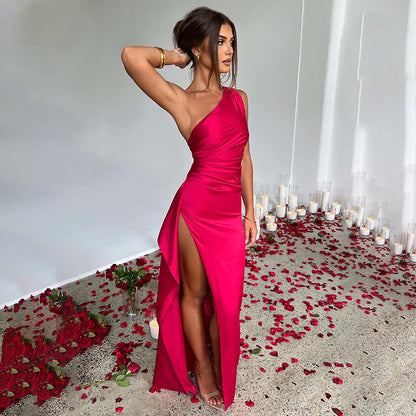 Sexy One-shoulder Slim-fit Backless Slit Satin Dress
