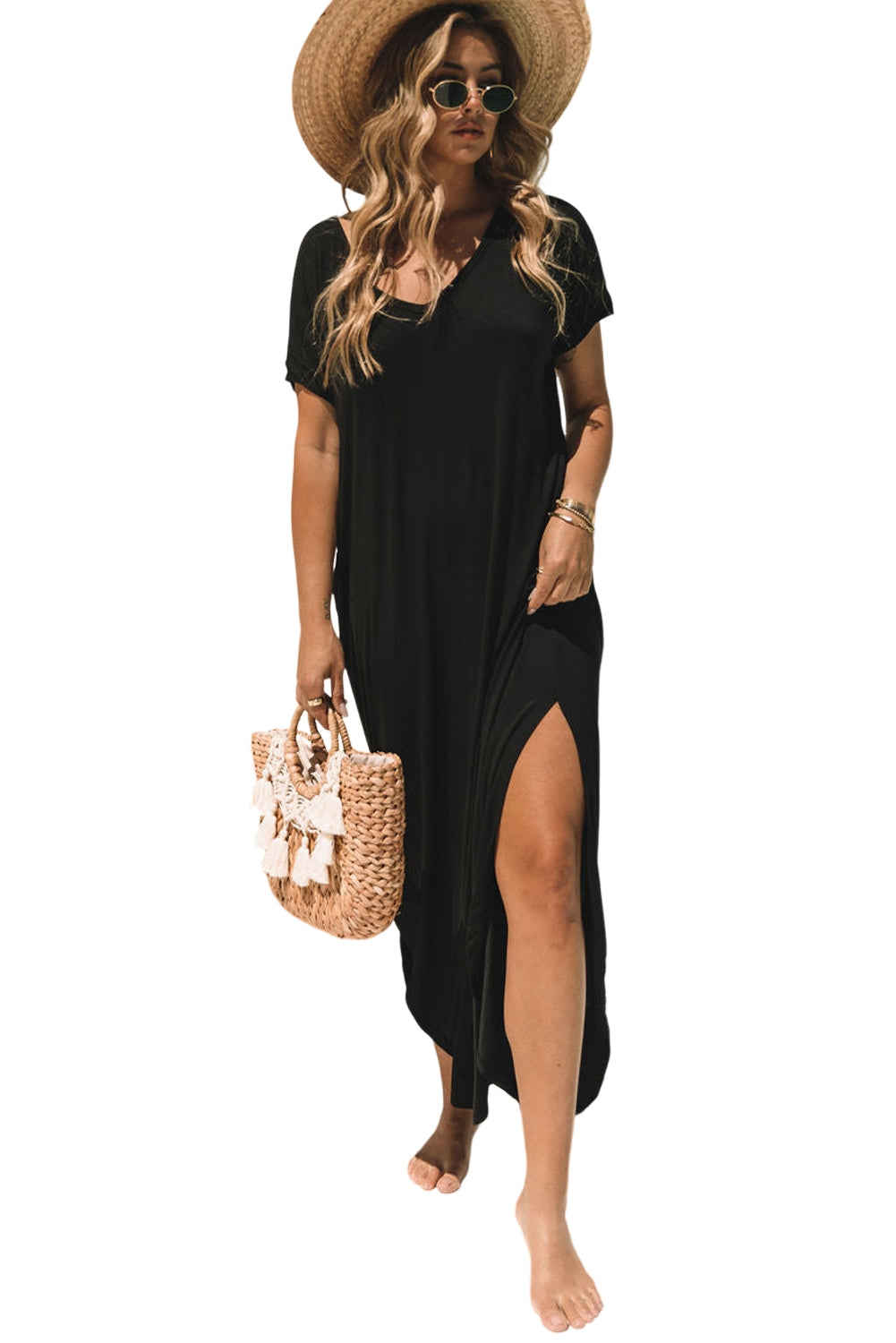 Grass Green V Neck Hidden Pocket Splits Maxi T-shirt Dress