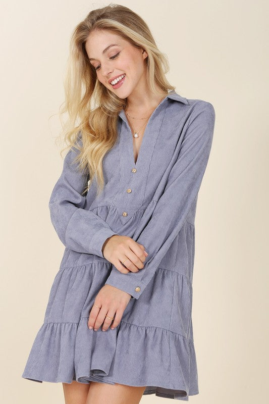 Corduroy Tiered Long Sleeve Mini Dress