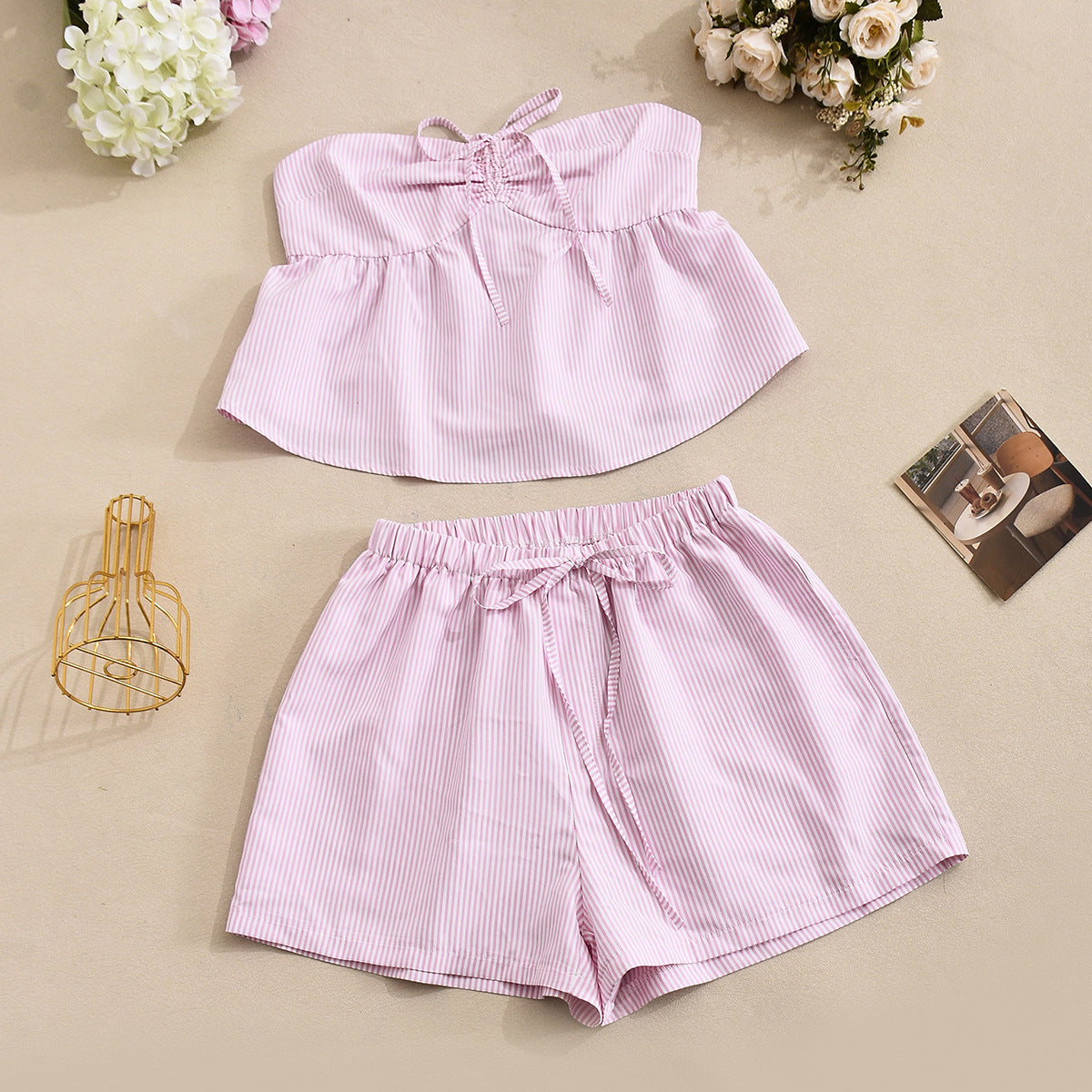 Striped Tube Top and Shorts Set - Pink Strapless Outfit