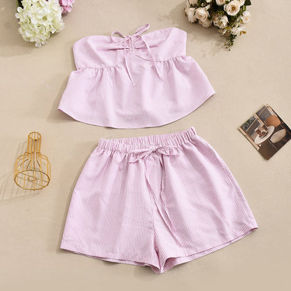 Striped Tube Top and Shorts Set - Pink Strapless Outfit