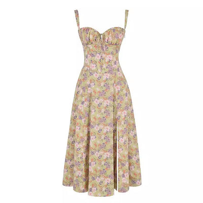 Corset Lace-Up Back Midi Dress - Wide Strap Side Slit