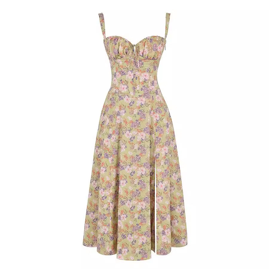 Corset Lace-Up Back Midi Dress - Wide Strap Side Slit