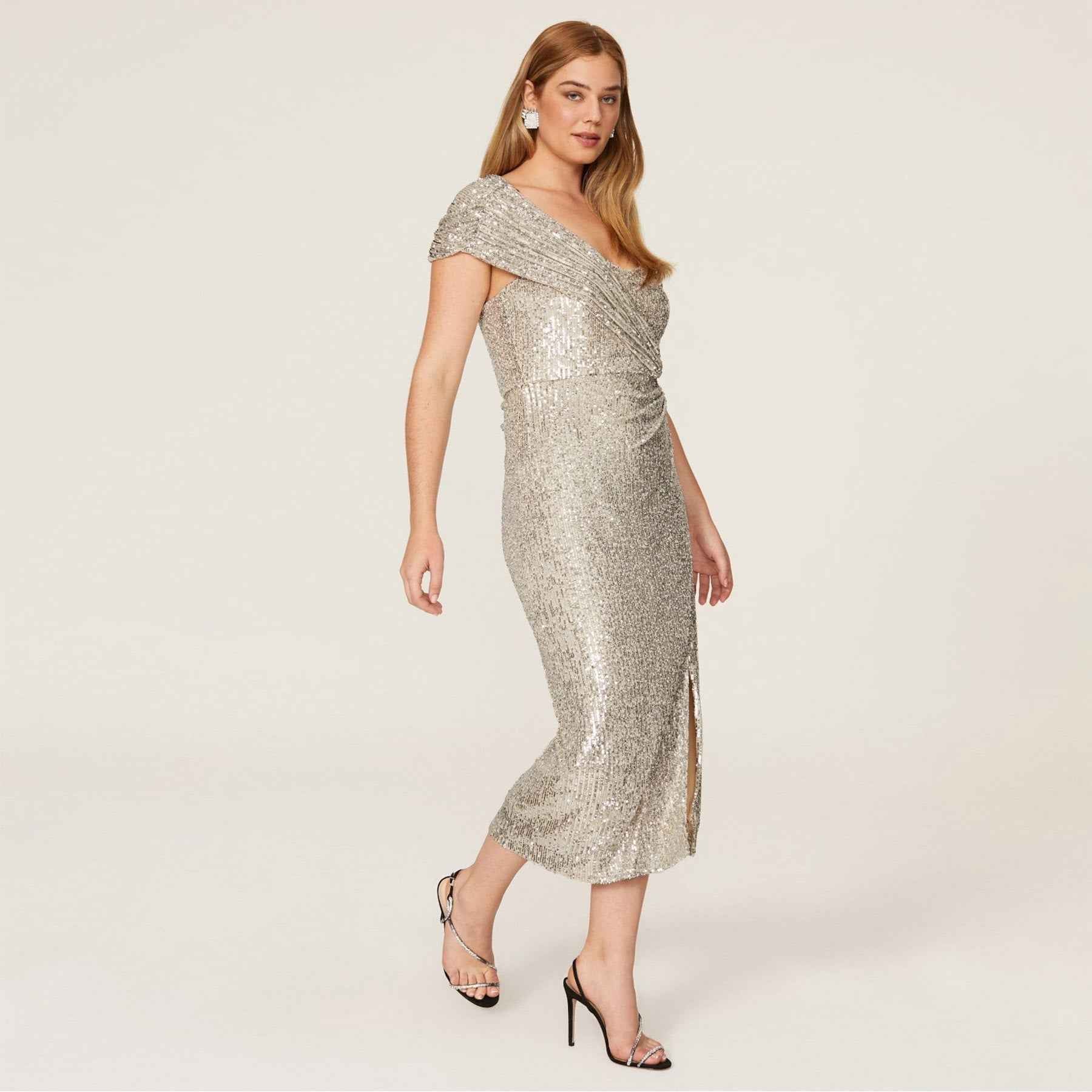 Sequin Midi Dress - White Short Sleeve Round Neck Party