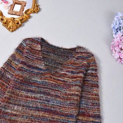 Open navel V-neck yarn dyed top for women