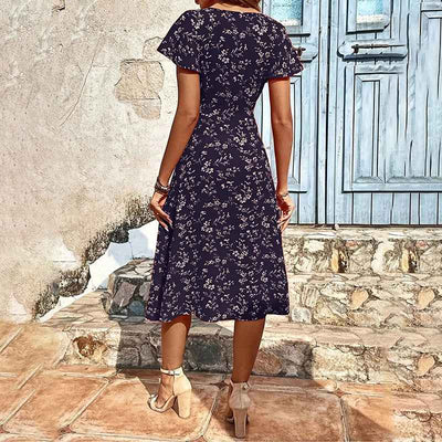 Bohemian Floral Print Midi Dress - Flowy Button Up