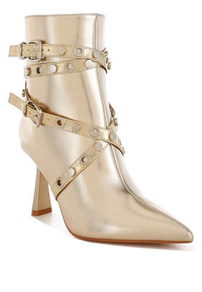 Marinta Metallic Slim Flared Heel Strappy Boots