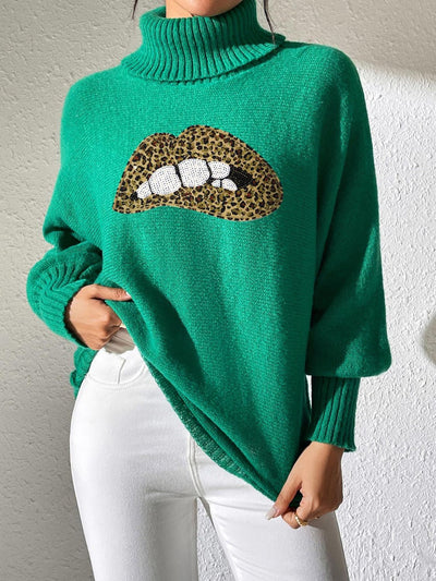 Lip Turtleneck Long Sleeve Sweater - Fashions Envy