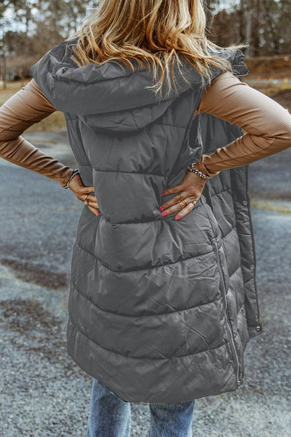 Longline Hooded Sleeveless Puffer Vest - Fashions Envy