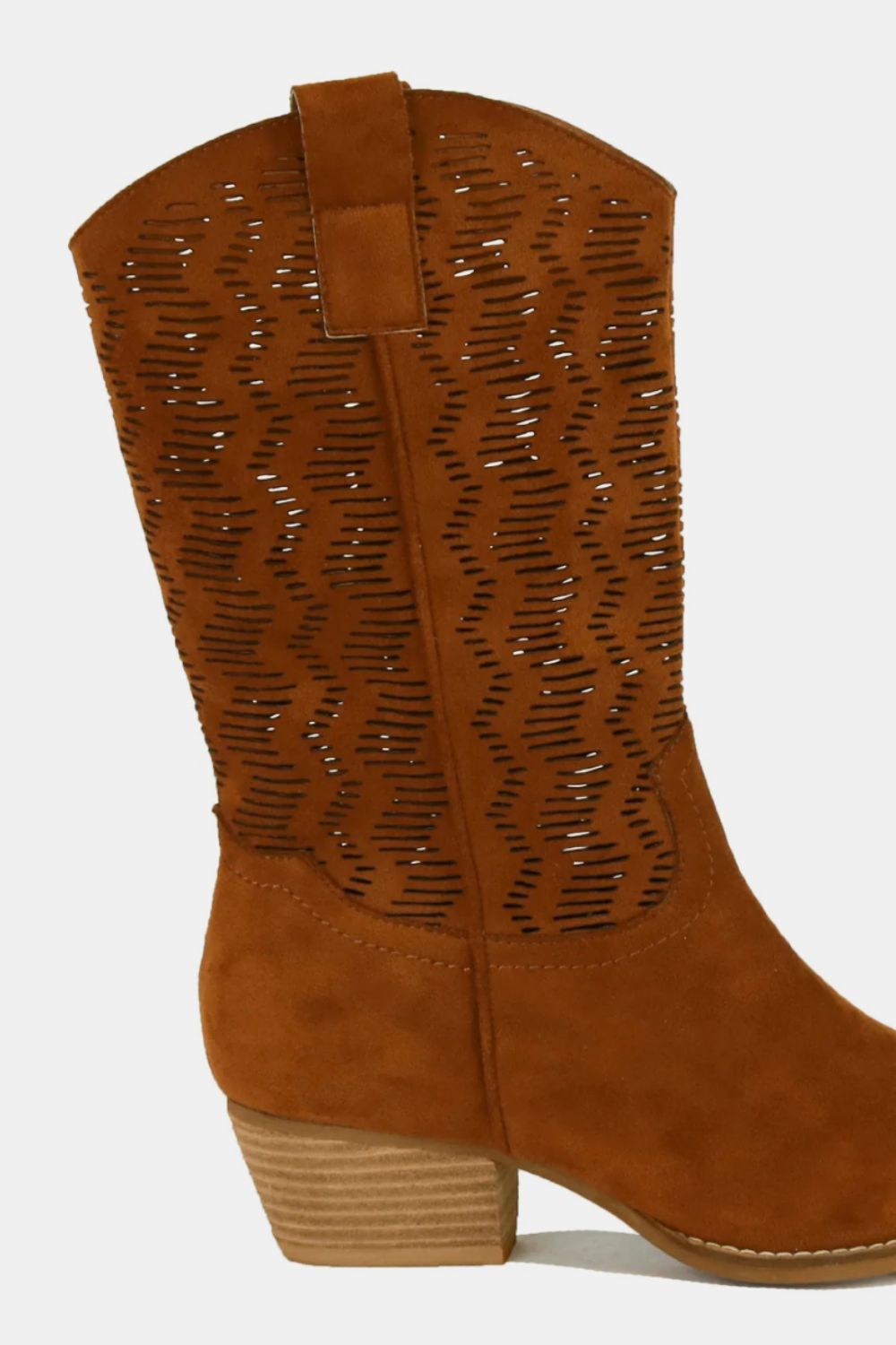 Brown Faux Suede Laser Cut Detail Block Heel Boots