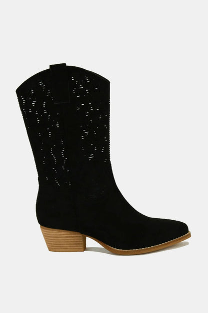 Black Faux Suede Laser Cut Detail Block Heel Boots