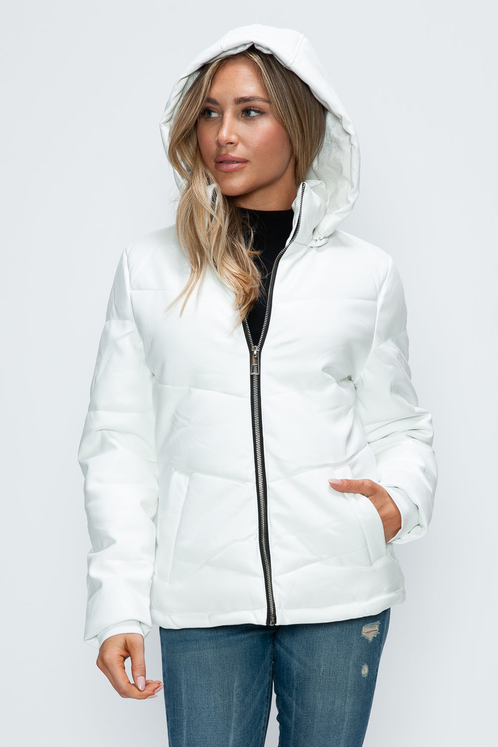 White Pocketed Zip Up Puffer Jacket with Removable Hood