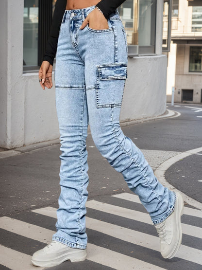 High Waisted Elastic Jeans - Side Pocket Street Style - Fashions Envy