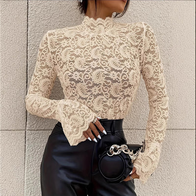 Floral Lace Top - Flared Sleeve Fitted Blouse