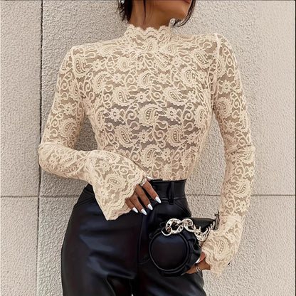 Floral Lace Top - Flared Sleeve Fitted Blouse