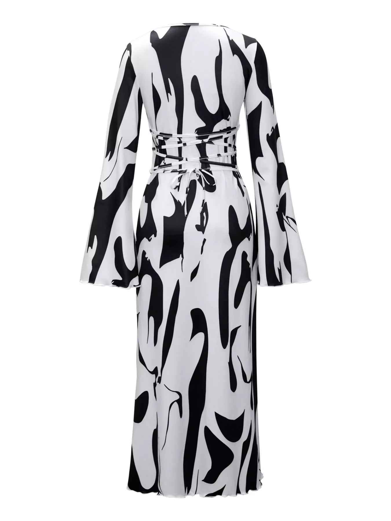 Abstract Print Maxi Dress - Long Sleeve Tie Back Style - Fashions Envy