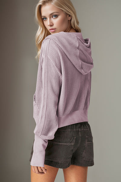 Double Take Waffle-Knit Zip Up Long Sleeve Hooded Jacket - Fashions Envy