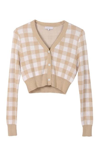 Gingham Pattern Buttoned Long-Sleeve Cardigan