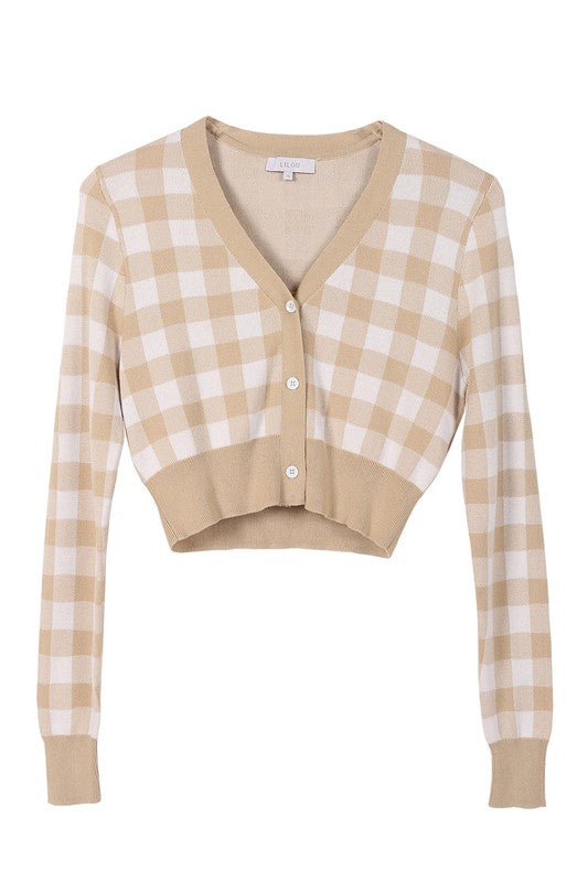 Gingham Pattern Buttoned Long-Sleeve Cardigan