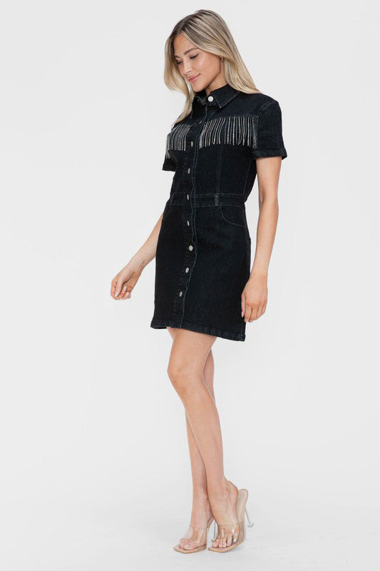 Black Full Size Embellished Button Down Short Sleeve Denim Dress