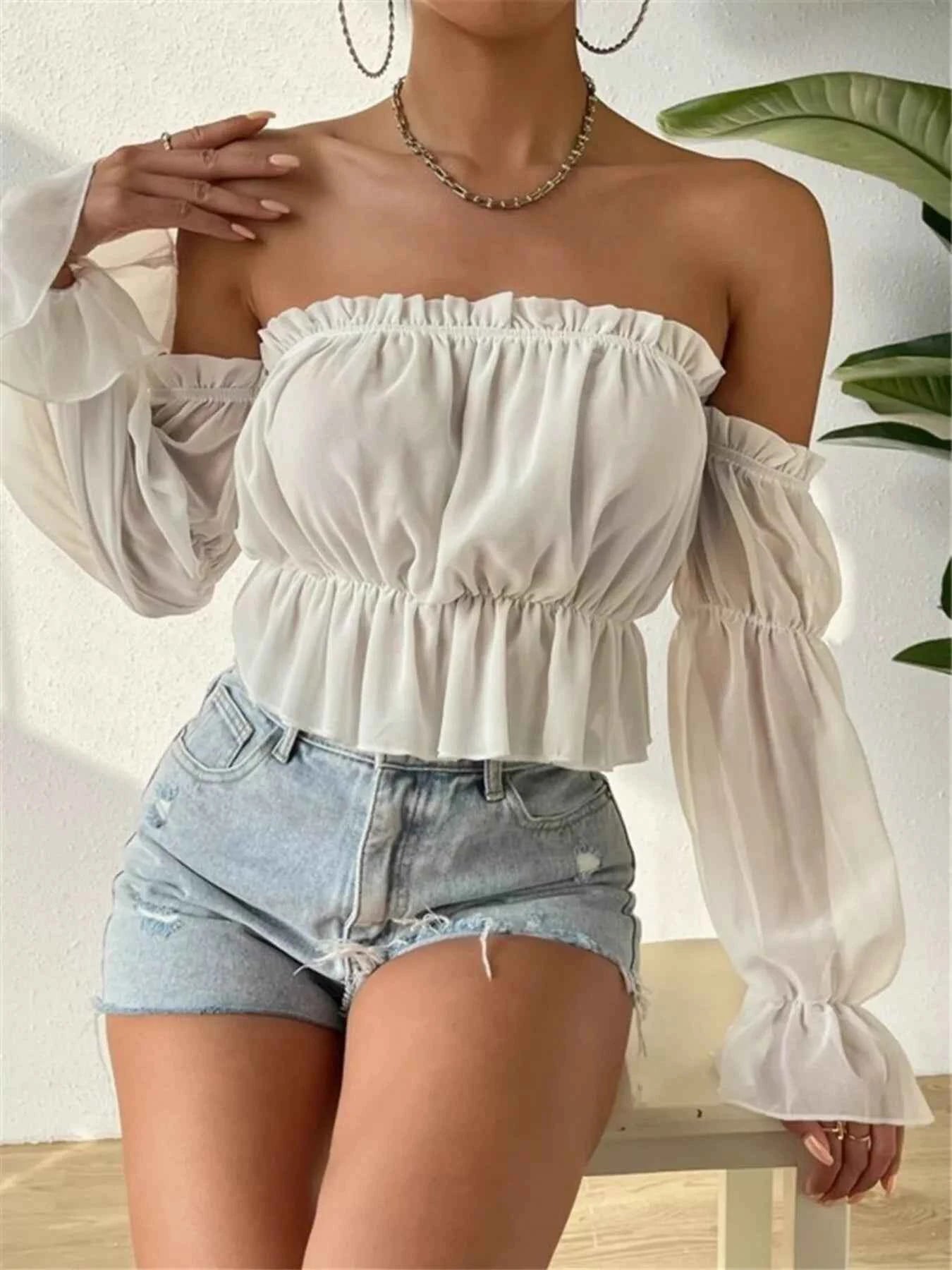 Off-Shoulder Ruffle Trim Sheer Cropped Blouse