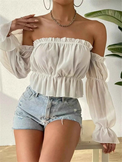 Off-Shoulder Ruffle Trim Sheer Cropped Blouse
