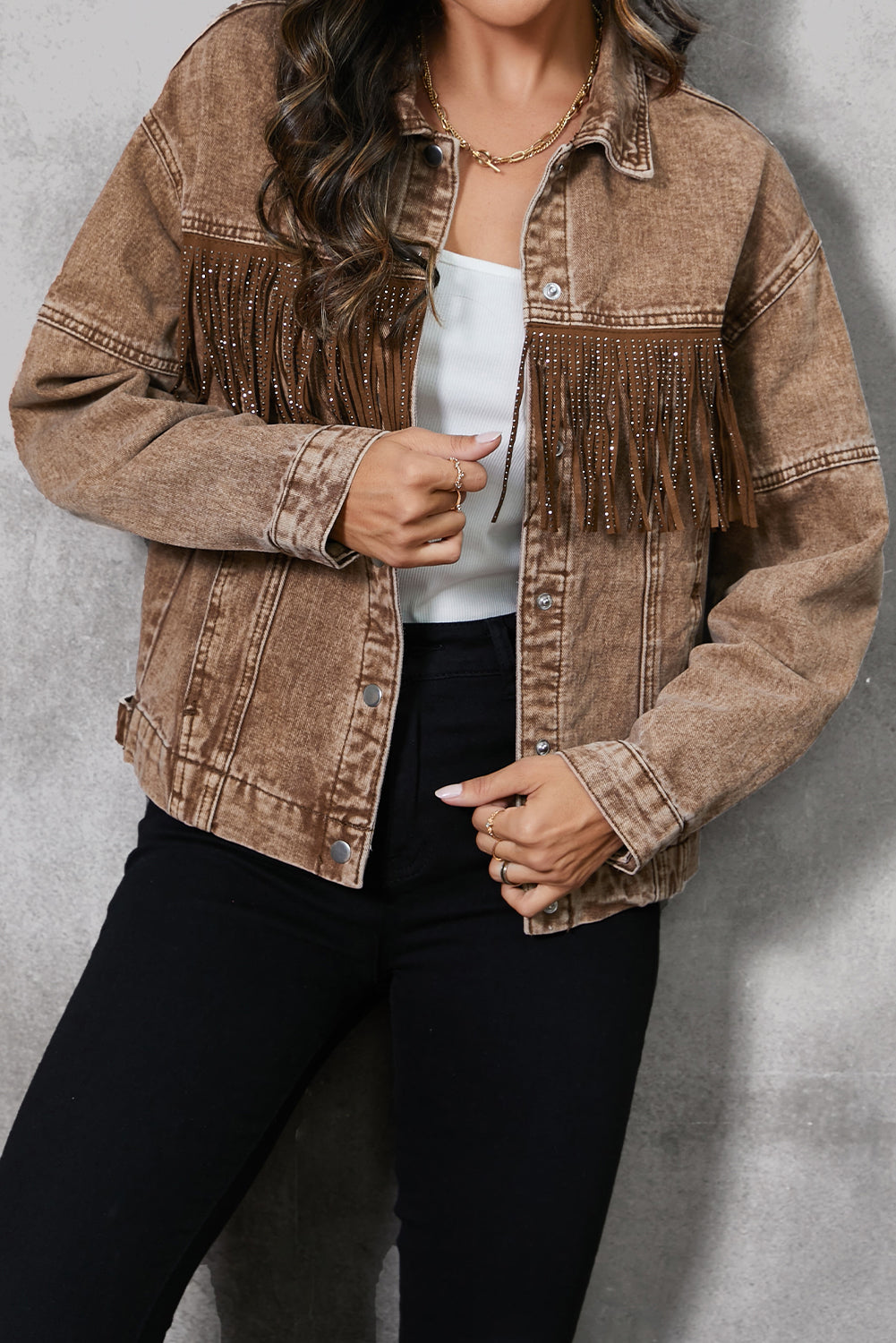 Fringe Trim Snap Down Denim Jacket - Fashions Envy