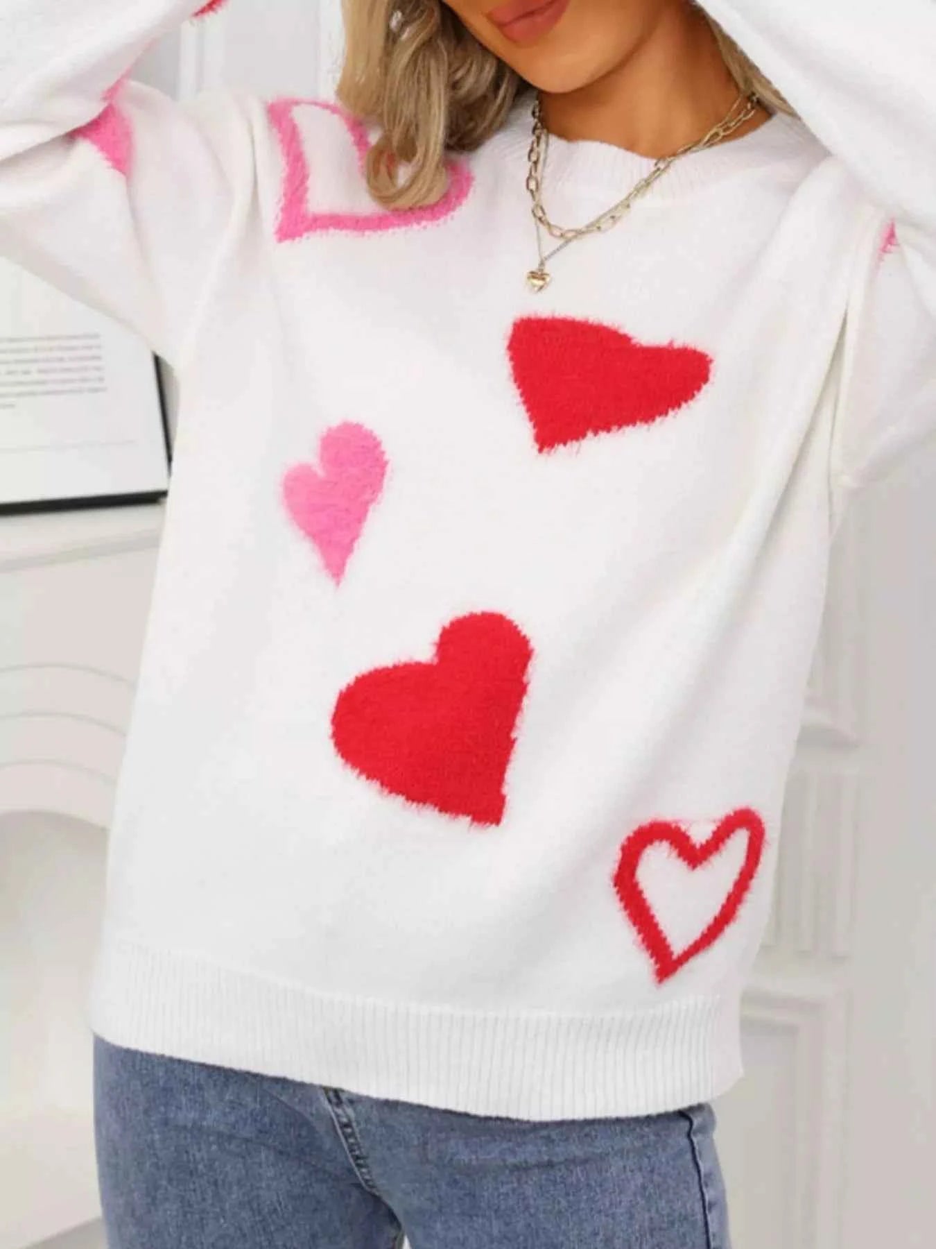 Valentine's Day Heart Pattern Knit Sweater - Fashions Envy