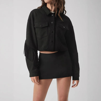 Women's Black Long Sleeve Fringe Jacket - Casual Elegant Coat