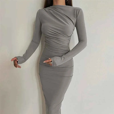 Pleated Maxi Dress - Bodycon Fitted Long Sleeve Elegant