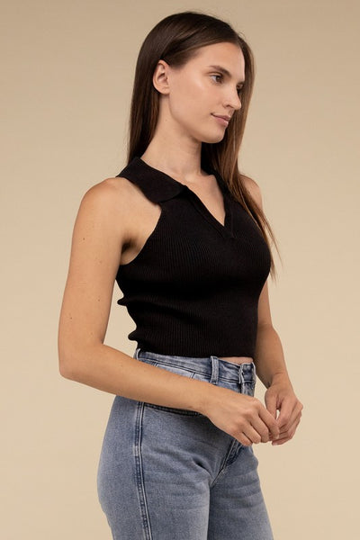 Sleeveless Collared Cropped Hem Knit Fitted Sleeveless Top