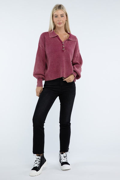 Ribbed Washed Collared Henley Sweater - Fashions Envy