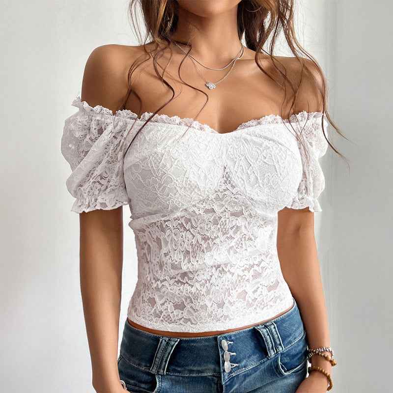 Stylish Lace Crop Top in White with Off-Shoulder Design and Ruffled Sleeves